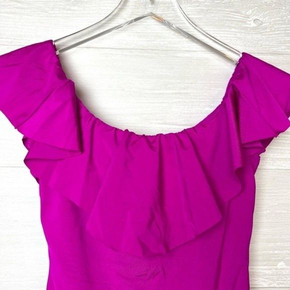 SOLD Trina Turk Pink Monaco Solids Off The Shoulder Ruffle One Piece Swimsuit - Picture 6 of 15
